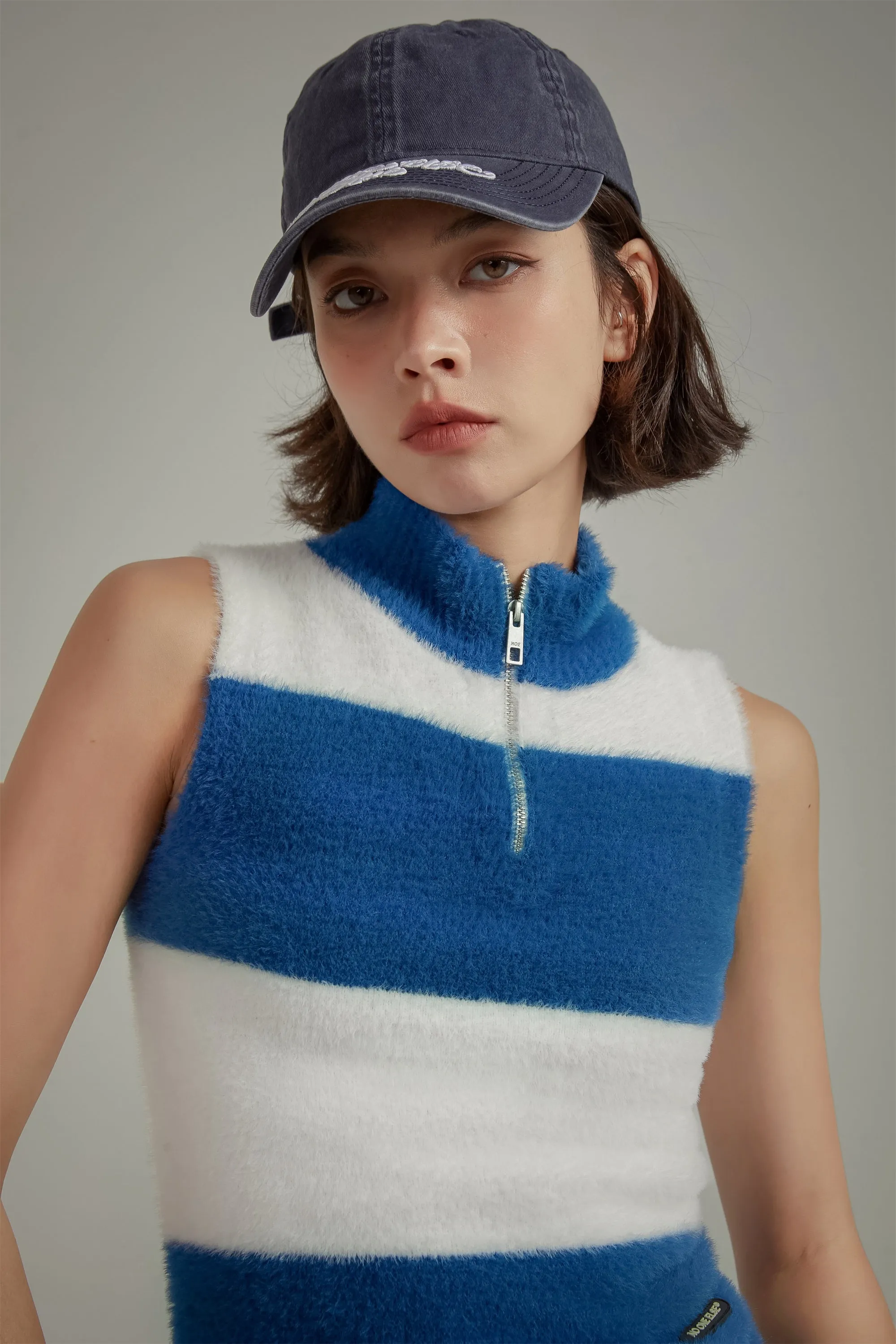 Half Zip-Up Color Stripe Sleeveless Top